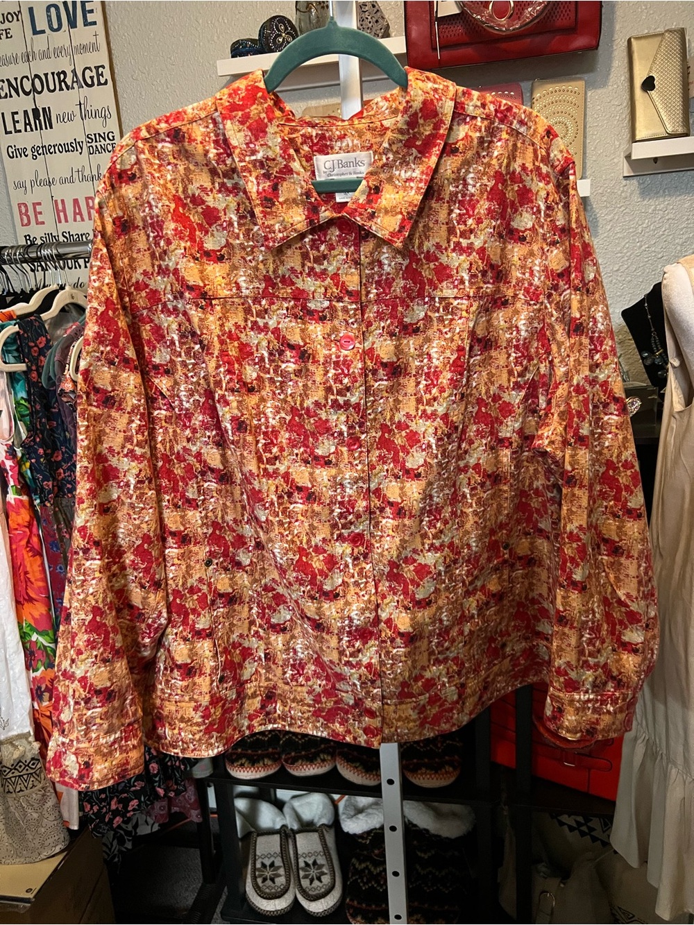CJ Banks Red and Gold Abstract Button-Up Jacket